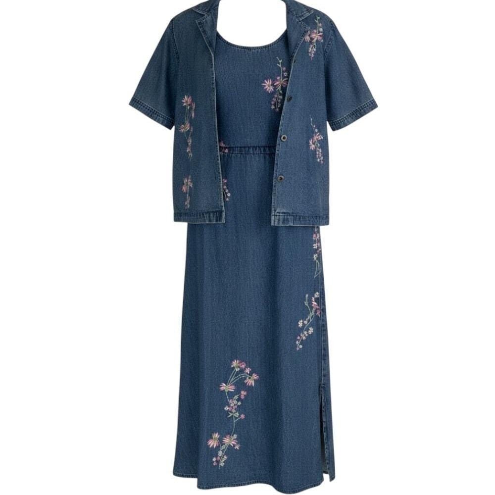 Asari Collection Denim Dress Set Womens S Blue Floral Embroidered Maxi 2pc Vtg